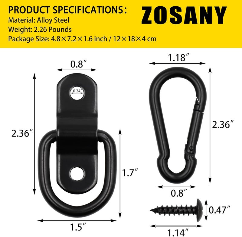ZOSANY 12PCS D Rings Tie Down Anchors Hooks, 1/4" Tie Down Anchors for Trailer, Heavy Duty Tie Down Anchors 1750LBS with Carabiner D Rings for Trucks RV Camper Van Boats Motorcycles Surface Mount - Image 2